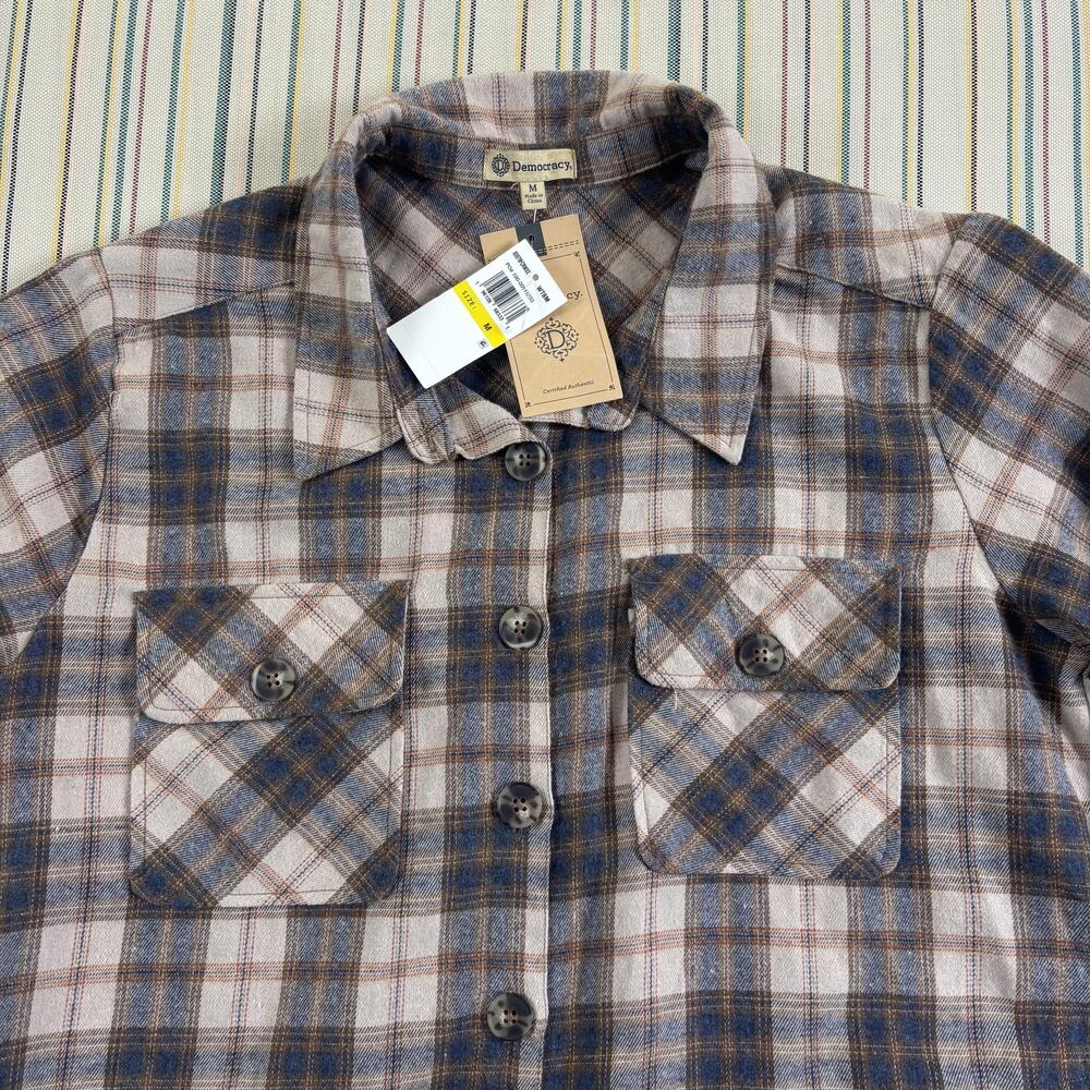 Democracy Shirt Womens Medium Blue Plaid Flannel Button Up Fringe Hem NEW